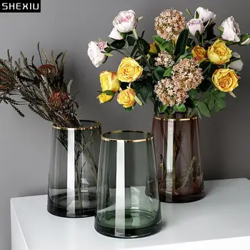 Модерната прозрачна стъклена ваза, Цвете споразумение, Украса на стаята, позлатен гърлото на бутилката, Гидропонная ваза за цветя, Декорация на дома
