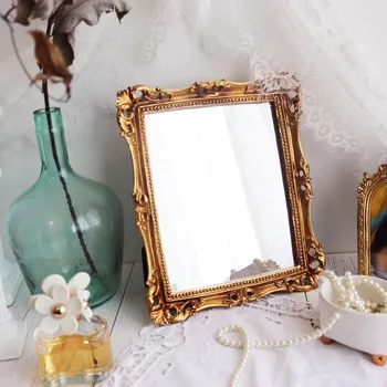 CuteLife Nordic Смола Правоъгълно Голямо Златно Огледало Ретро Начало Декор Десктоп Огледало Стенно Огледало За Грим В Спалнята