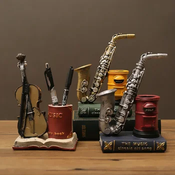 Украса за саксофон, цигулка, книги, държач за химикалки от смола, украса на работния плот в дневната и кабинета