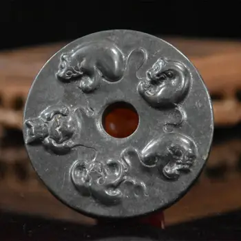 Медальон-талисман, проектирана от древния природен метеорит, Схема от пет птици, Мистични пет животни, Китай, Тибет Хунш