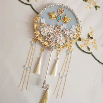 Текстилен Декоративен фен, двупосочен Сватбен фен с дълга дръжка, Вентилатор за снимки с цветове в ръцете на Булката