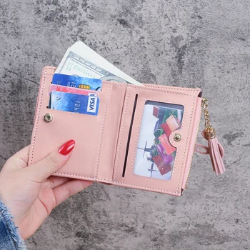 Нов контрастен цвят кратък портфейл, дамска мода чанта, студентски портфейл за монети, чанта за монети с пискюли, универсална скоба за пари, жена