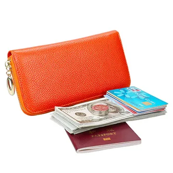 Чантата на Жена Портфейл от естествена кожа за телефон Чанта за пари Жълт Оранжев Дамски портмонета с цип Дълъг портфейл за монети Притежателите на RFID-карти
