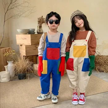 Детски Гащеризон Детски Дрехи За момчета И Момичета на Контрастни цветове в Корейски Стил, Детски Цветни панталони с джобове в стил мозайка