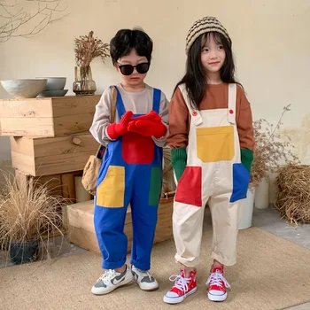 Детски Гащеризон Детски Дрехи За момчета И Момичета на Контрастни цветове в Корейски Стил, Детски Цветни панталони с джобове в стил мозайка