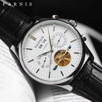 Parnis 43 мм Бял циферблат Автоматичен механичен мъжки часовник верижка от неръждаема стомана Мъжки часовник Top Luxury Brand Box Подарък мъжки часовник