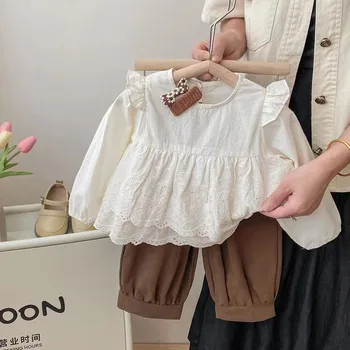Есенен комплект за момичета 2023 г., Нова детска Мода Лейси риза Принцеса с дълги ръкави + Ежедневните Свободни Кафе панталони, Костюми-двойка