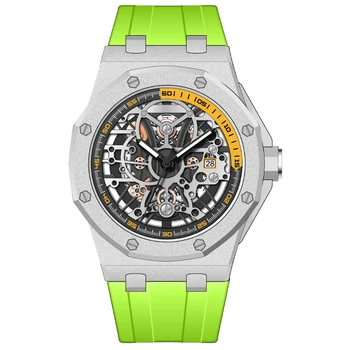 BAOGELA Луксозни мъжки часовник, кварцов часовник, Зелен силиконов скелет, Спортни часовници, Водоустойчиви, светещи, многофункционални мъжки кварцов часовник
