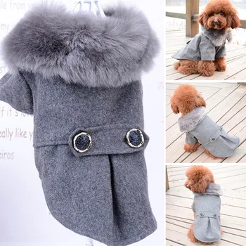 Зимни дрехи за домашни любимци на малки кучета, однотонная яке с яка от котешки кожи, палто, пуловер, приятна мека облекло за кутрета за малки до средни кучета