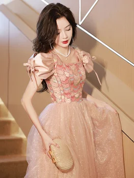 Розова вечерна рокля 2023, Нови Летни и дълги рокли на Френската Принцеса на 90-те години, Винтажное Елегантна Красива Празнична рокля Фея