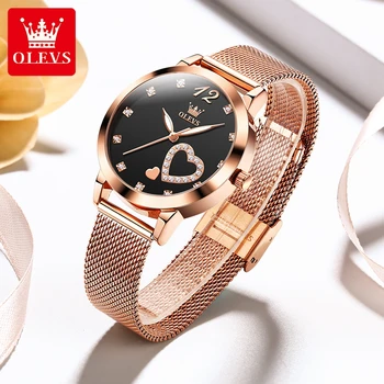OLEVS/ Новост 5189, луксозни кварцови часовници със сърца и диамантени бижута, модни дамски ръчен часовник с метална каишка от розово злато, водоустойчиви Дамски подаръци