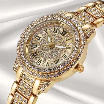 Часовници с блестящи диаманти, Луксозни дамски Маркови Кварцов часовник със Златен гривната от Дамски часовници с кристали, Цирконий, Елегантни часовници, Подаръци