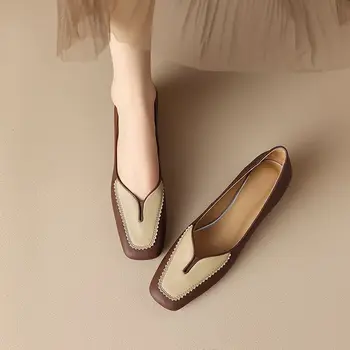 Дамски обувки с квадратни пръсти, цвят в тон, Новост 2023, Модни Меки обувки на средно гъст ток, Френска Елегантност, Ежедневни дамски обувки на плоска подметка