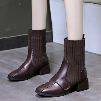 2023 Есенно-зимни Дамски обувки, Възли ластични чорапи, Обувки С квадратни пръсти, Ботуши на масивна ток, Модни ботильоны, Обувки Челси