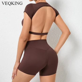 Безшевни комплект за йога VEQKING, Дамски Секси спортни блузи с отворен гръб + Спортни къси панталони за стягане на бедрата, Быстросохнущий комплект за фитнес