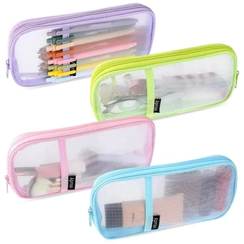 Горещо-4 бр. текстилен молив случай с цип, прозрачен джоб за моливи, видима чанта за писалки, многофункционална прозрачна косметичка