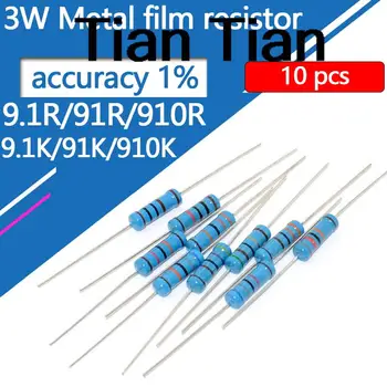 10шт 3 W Метален филмът резистор 9.1 R 91R 910R 9.1 K 91K 910K 9R1 9.1 91 910 Ω R K Точност 1% Пятицветное Кольцевое Съпротива 0.1 R-910