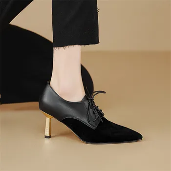 2023 Пролетно-Есенни Дантелени дамски обувки-лодка с остри пръсти от овча велур на висок ток за жени, Удобни дамски обувки Zapatos De Mujer