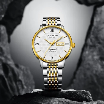 Луксозни мъжки часовник с календар седмици GUANQIN, механични часовници е от неръждаема стомана за мъже, сапфировые водоустойчив светещи мъжки часовник