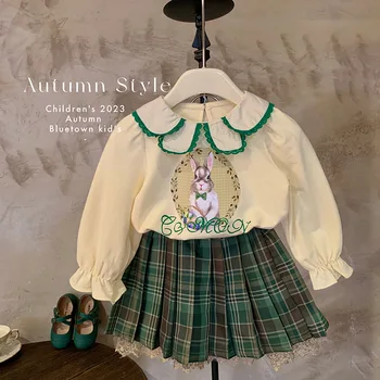 Есенното облекло за момичета 2023 Модни горна дреха с отворотами, детска риза с дълъг ръкав-на мехура и анимационни заек, полата