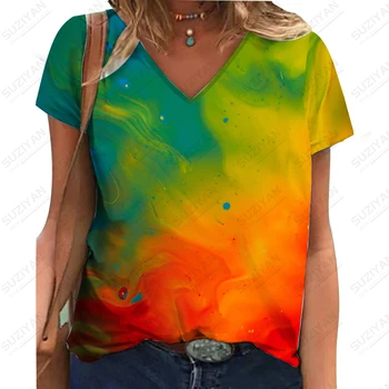 Лятна нова женска тениска с V-образно деколте, цъфтеж дамски тениски с 3D принтом, ежедневни тениски с V-образно деколте, с моден тренд за почивка, тениска с V-образно деколте