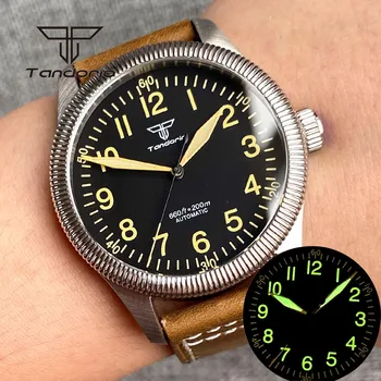 Мъжки часовник Tandorio 39 мм Pilot, автоматични ръчен часовник за гмуркане на 200 м, NH35A, Нагъната bezel, корона, Сапфир стъкло, Кожа, Светлинен
