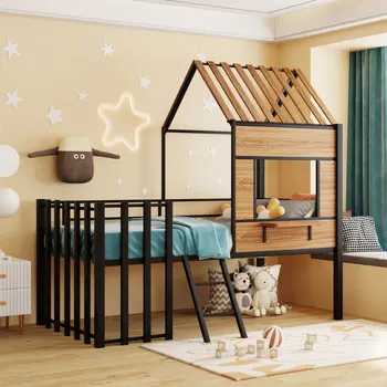Метални двойно легло, Бебешко легло, Дизайн на таванско помещение легло във формата на Къща с покрив, Прозорец, Парапет, Стълбище Черен Цвят, подходящ за детска спалня