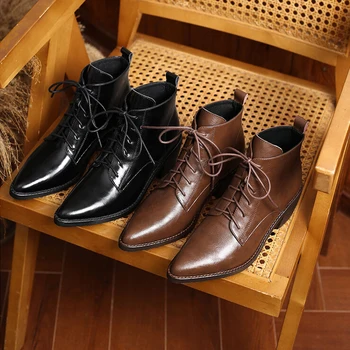 Модерни, удобни дамски кожени обувки с остри Пръсти в британския Стил На среден ток с шнур и къси ръкави И Класически ботильоны