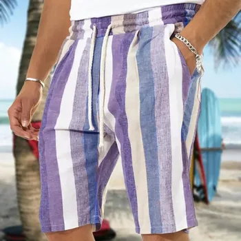 Пролетно-летни Плажни шорти, Мъжки Обикновен Памук, ленени панталони на експозиции с завязками за мъжки дрехи, Свободни реколта шорти на райета