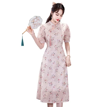 Лятното ново Елегантно подобряване на рокля Чонсам с къс ръкав в ретро китайския традиционен стил Ципао