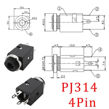 PJ-341 3,5 мм Вертикален Конектор 3 Полюса 3,5 мм Отвор за слушалки PJ-341 4Pin Стерео Женски Аудио Жак За слушалки С Гайка