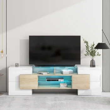 Поставка за телевизор уникална форма, с 2 стъклени рафтове с подсветка, Гланциран Развлекателен център за телевизори до 80 см, за всекидневната, Дърво
