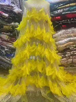 Жълт африканска лейси плат с 3D пера, с висококачествена бродерия, френски пайети, лейси плат за нигерийски сватбени рокли