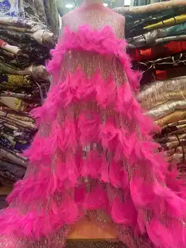 Жълт африканска лейси плат с 3D пера, с висококачествена бродерия, френски пайети, лейси плат за нигерийски сватбени рокли