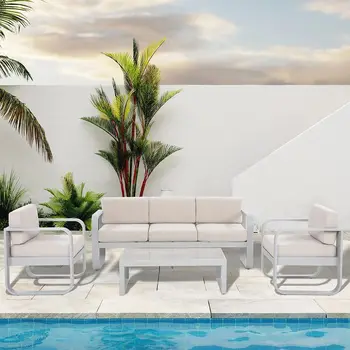 Алуминиеви Комплекти за градинска мебел за тераса с 4 бр., модерен комплект за разговор във вътрешния двор, Метална диван за сядане отвън с възглавници премиум-клас и