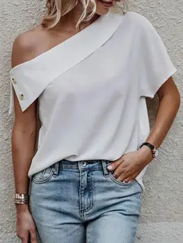 Uoozee 2023, Нови женски обикновена ежедневни ризи с отворени рамене, Летни блузи с къси ръкави, Свободни прости блузи за жени