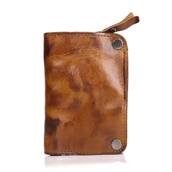 Мъжки многофункционален ретро портфейл от телешка кожа растително дъбени на първия слой, чанта за ключове, портфейл за монети, кожена кесия 2-в-1