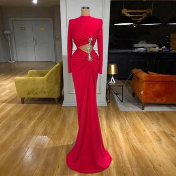 2023, Розово-червено Официална вечерна рокля Русалка с високо воротом и дълги ръкави, Секси силует, расшитый мъниста, камъни, дрехи за бала с влак