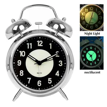 4 Инча Сребърен Двойна Камбанка Супер Силен Алармен Часовник На Батерии С Ночником За Тежки Спящи Металик Аларма U2h8