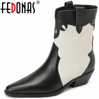 FEDONAS/ Популярни женски ботильоны различни цветове, есен-зима, Модни обувки в западен стил от естествена кожа, Ежедневни работна обувки за жени