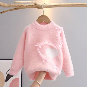 Есенно-зимния нов вязаный пуловер за момичета, детски однотонная норковая палто, отвътре 4-10 години, топъл пуловер с дантела Love