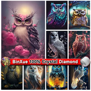 BinXue Цвете Бухал, Пълна 100% Картина с кристали, Дърво, Стикер с луната, диамантена бродерия Ръчна изработка, мозайка 