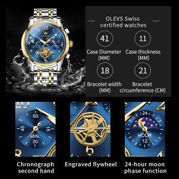 Мъжки часовник OLEVS с гравирани маховиком, Оригинални кварцови часовници за мъже, хронограф, 24-часов дисплей, фаза на Луната, Водоустойчив, светлинен