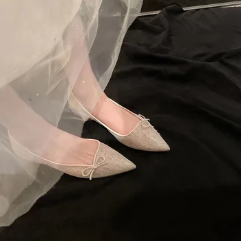 Нова дамски обувки от дишаща мрежа, фини обувки от естествена кожа с възел-пеперуда, елегантни булчински обувки с остър пръсти на пролет-есен