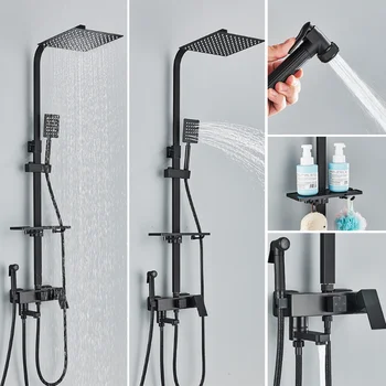 Комплект смесители за душ в банята със смесител за биде, Черна Стенни Латунная система за вана със стойка, чучур за вана и душ в банята