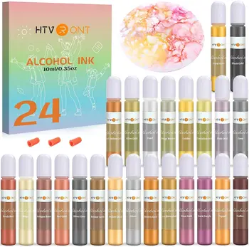 HTVRONT 24 Цвята по 10 МЛ Набор от Метални Алкохолни Мастило, Определени Пигменти За смола, Течен Оцветител За катран, Дифузионни Мастила, UV-Епоксидна Смола, Производство