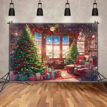 ЛУНАТА.QG Фон Коледна картина с маслени бои на Червена светлина на Прозореца на хола Вратата Фон за снимки Разтегателен bookshelf Подарочное украса