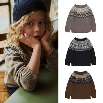 2023 Есен/зима, нов детски пуловер с дълги ръкави, вязаный пуловер, Датски пуловер с цветя модел за момчета и момичета, вязаный пуловер