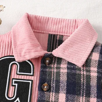 Детски Ежедневни ризи за малки момиченца, дрехи 2023, Есен-зима, Нови модни розови върхове в клетка с дълги ръкави и букви