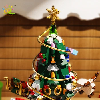HUIQIBAO 722 бр. Градска Коледно дърво, Въртяща се Музикална Ковчег, Модел, строителни блокове, Детски Занаяти Дядо Коледа Със светлина, Коледни играчки